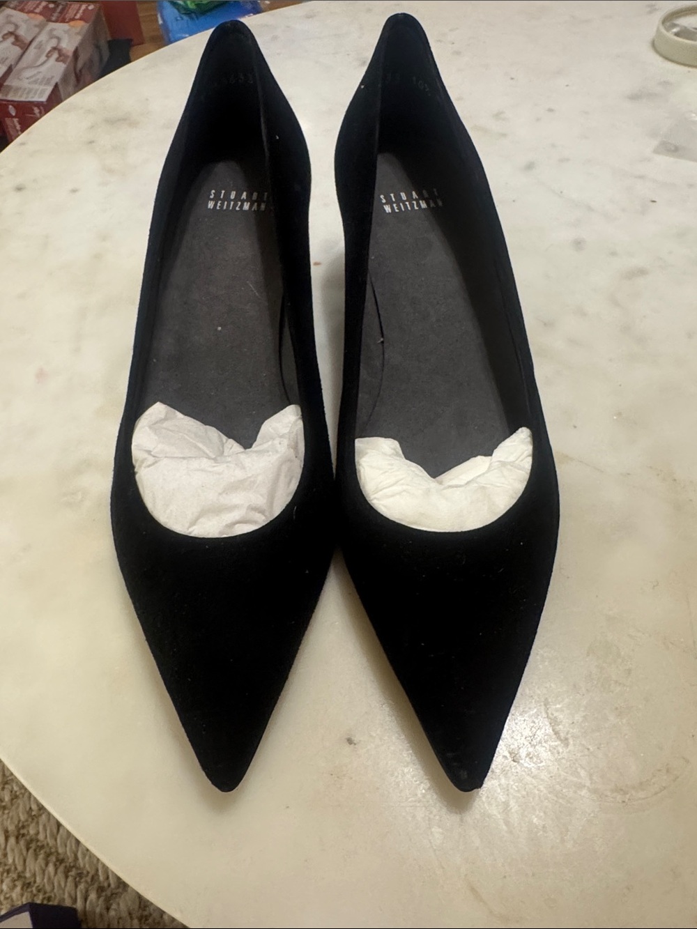 Stuart Weitzman Black Suede Pointed-Toe Kitten Heels